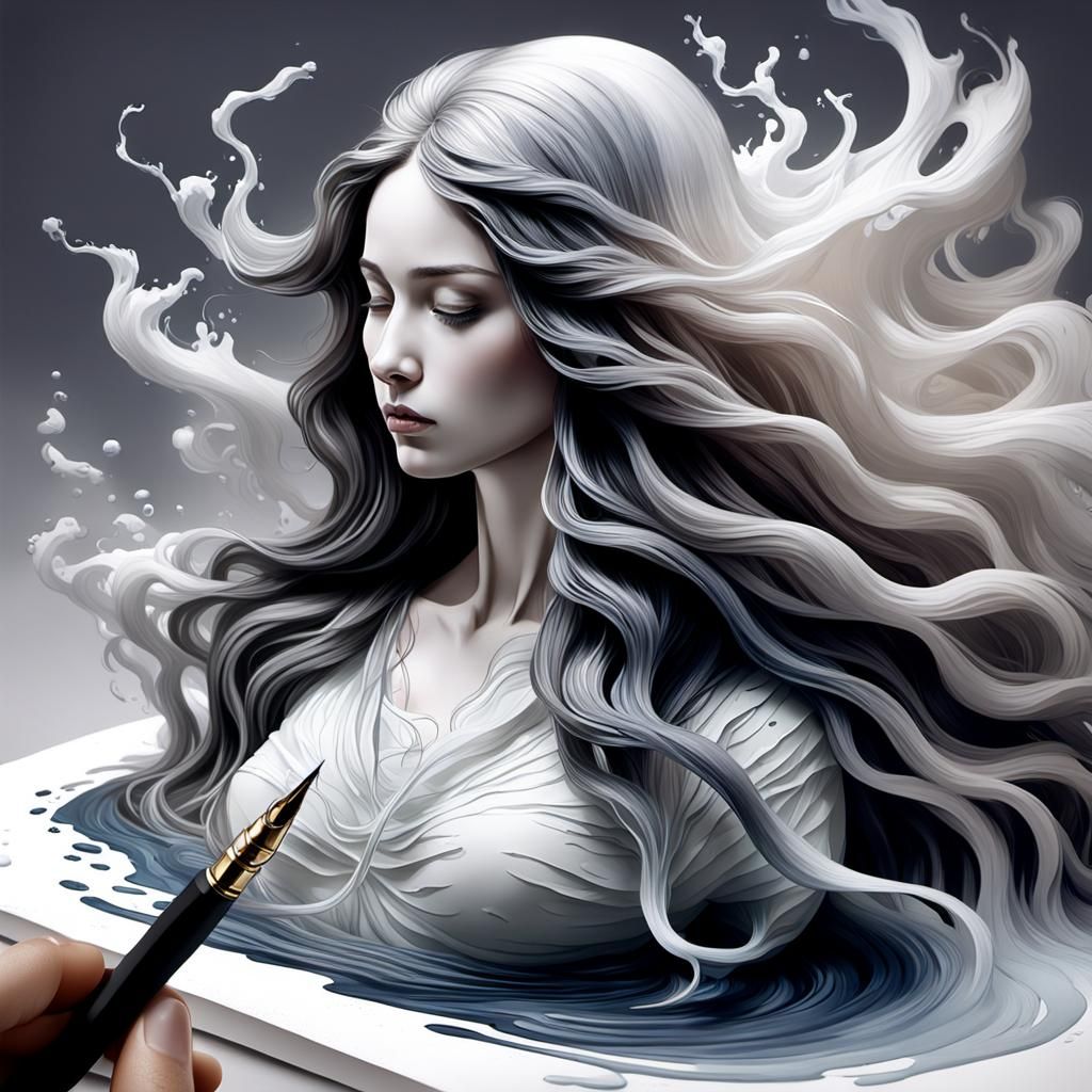 A fountain pen drips ink onto a sheet of paper and from that ink emerges a figure of a pure spirit materialized through ...