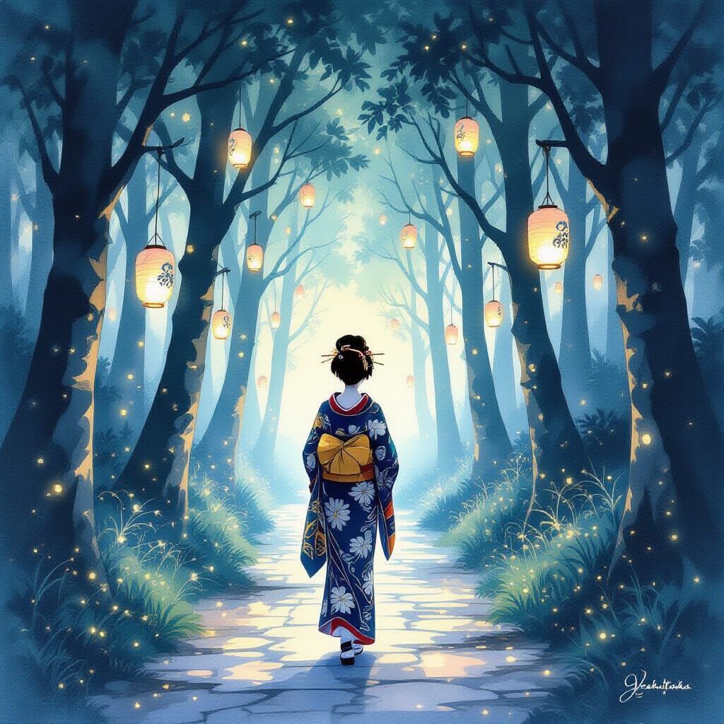 Lone Geisha in Moonlight Forest, Ethereal Watercolor Style