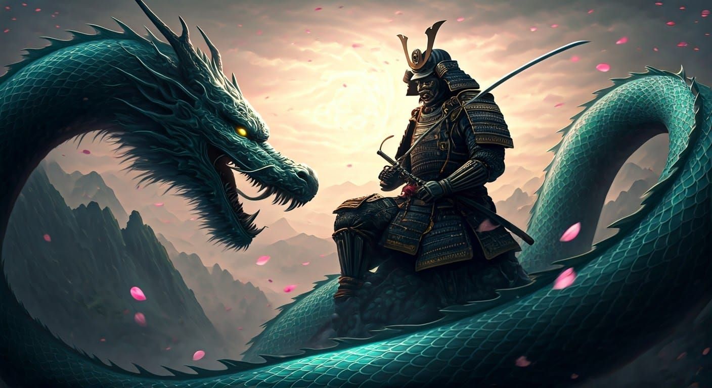 Samurai Warrior Rides Dragon in Biomechanical Style