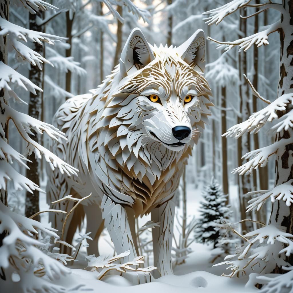 Kirigami Wolf in Snowy Forest: Hyperrealistic Image