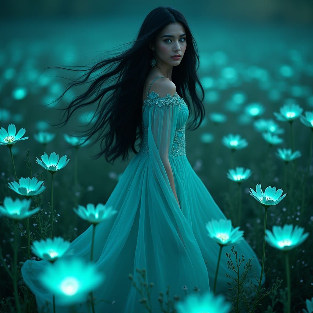 Ethereal Woman in Bioluminescent Field: Art Nouveau Style