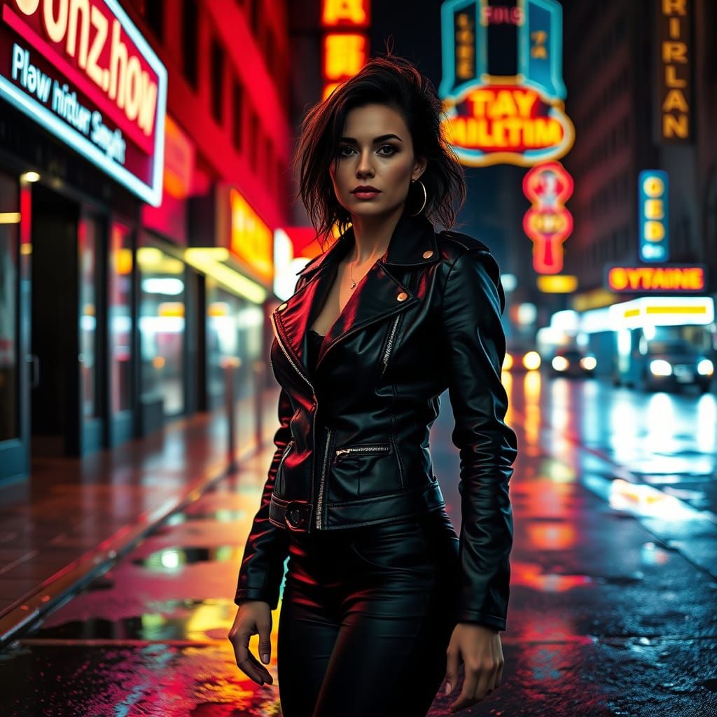 Woman in Leather Jacket in Neon Cityscape