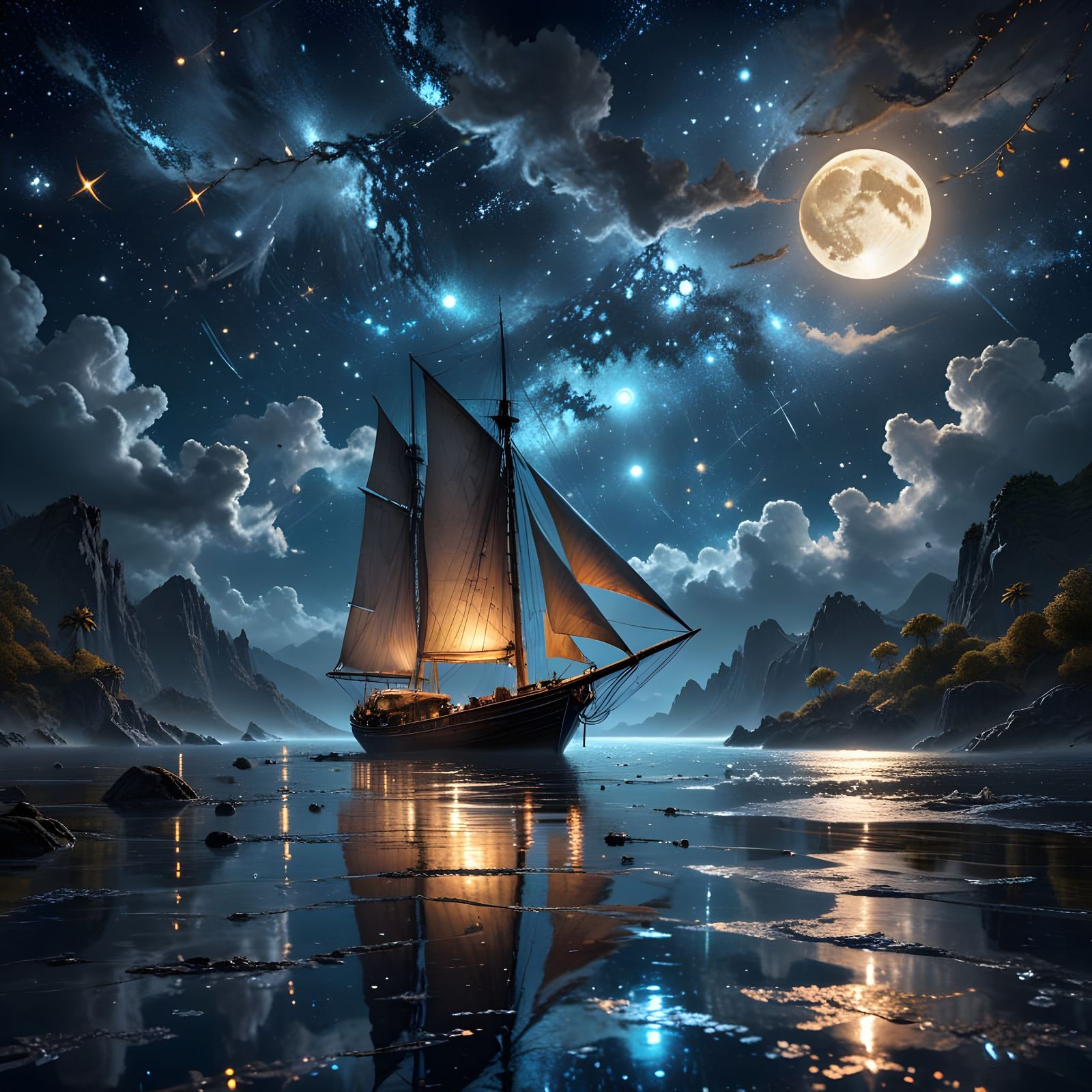 Impressionist Sailboat Silhouette Under a Vibrant Moonlit Ni...