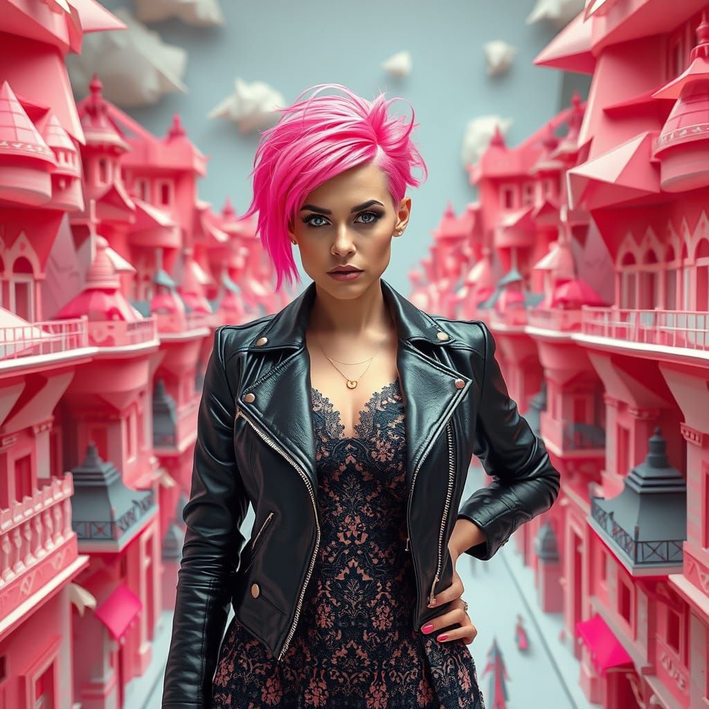 Escher-Inspired Cityscape with Woman in Cyberpunk Style