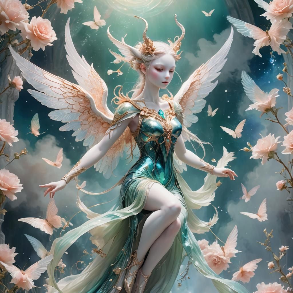 Ethereal Porcelain Being with Wings in Chiaroscuro