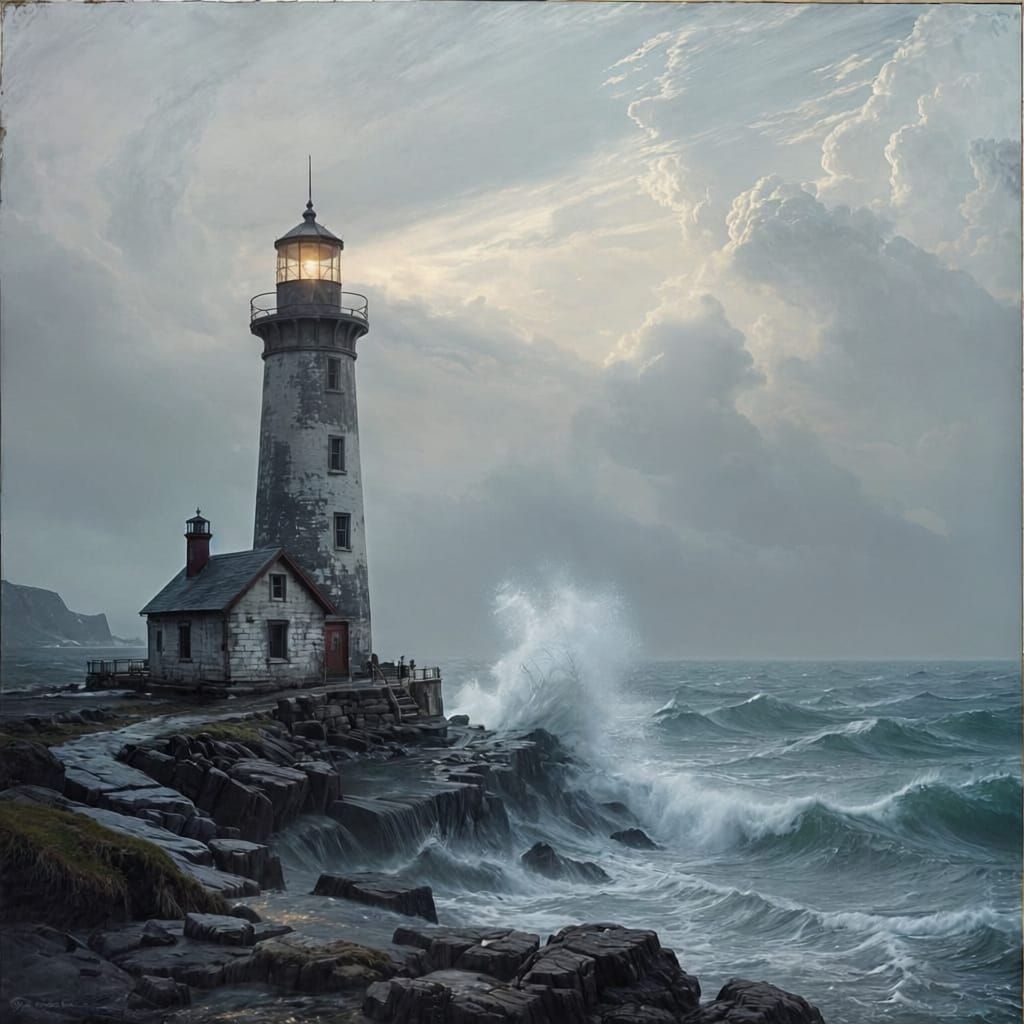 Weathered Lighthouse in Stormy Seas, Vintage Style