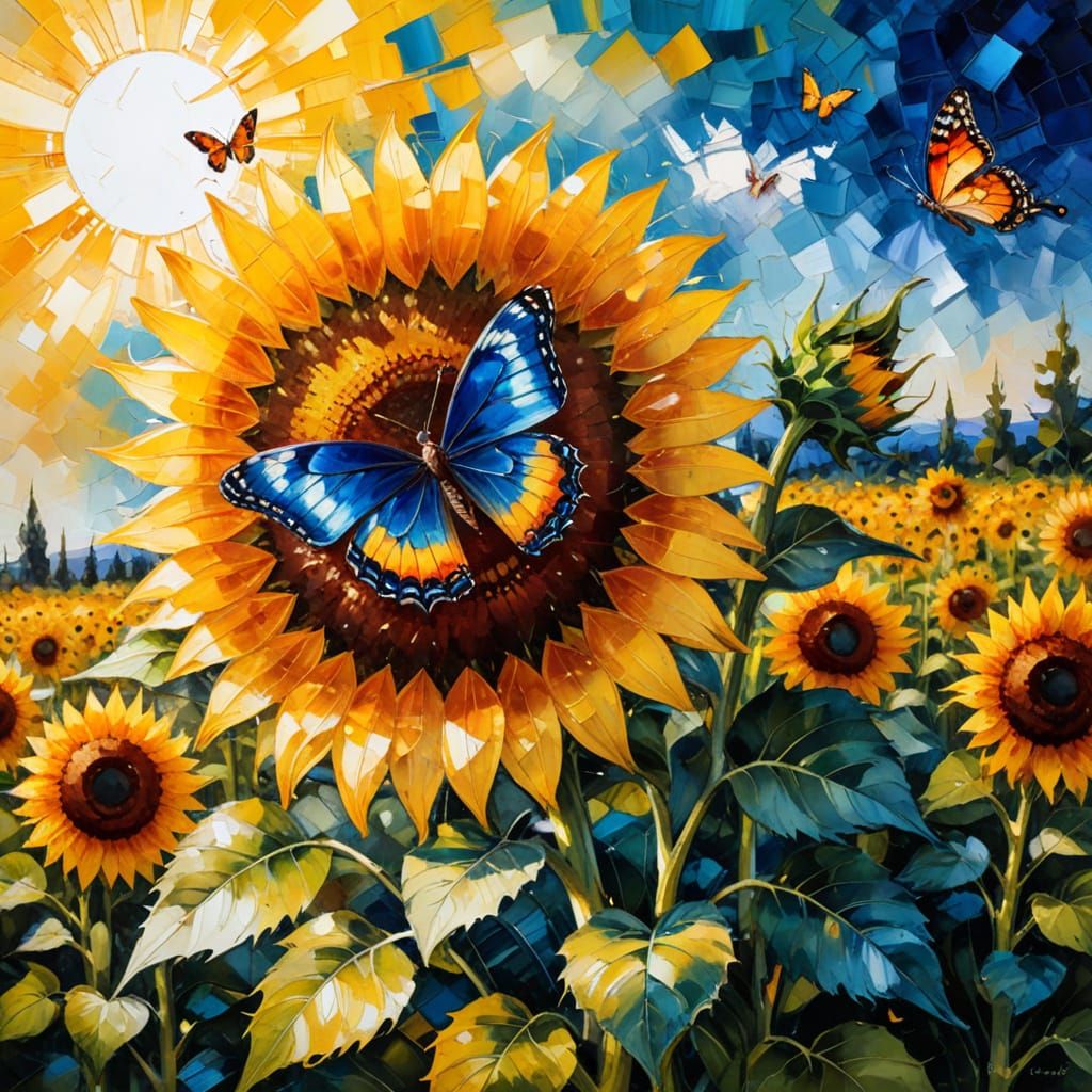 Sunflower Field Butterfly: Expressionist Impasto Painting