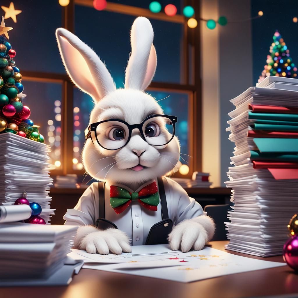 Cute Bunny in Office with Christmas Decorations