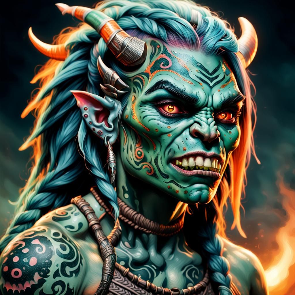 Orc Woman with Tribal Tattoos in Fantasy Art