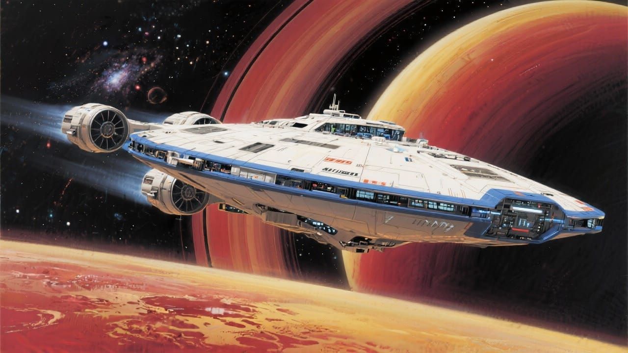 Futuristic Spaceship Flies Past Ringed Planet