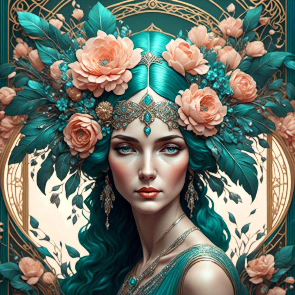 Woman with Flowers: Fantasy Art Deco Portrait