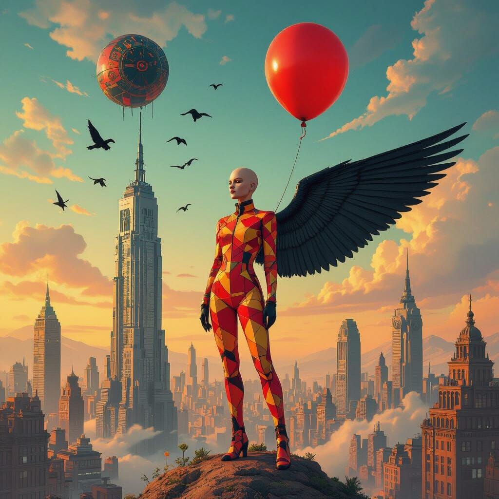 Mystical Cityscape with Winged Figure and Floating Balloon