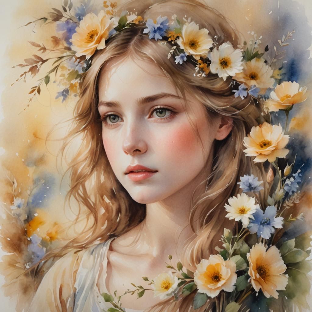 Ethereal Young Girl Portrait in Romantic Watercolor Style
