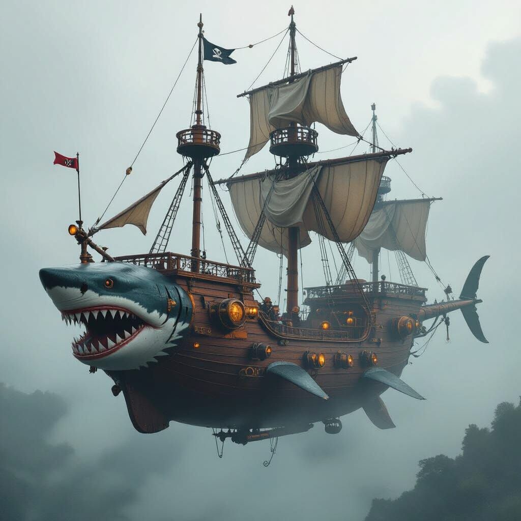 Steampunk Shark Pirate Ship Soaring Through Misty Skies