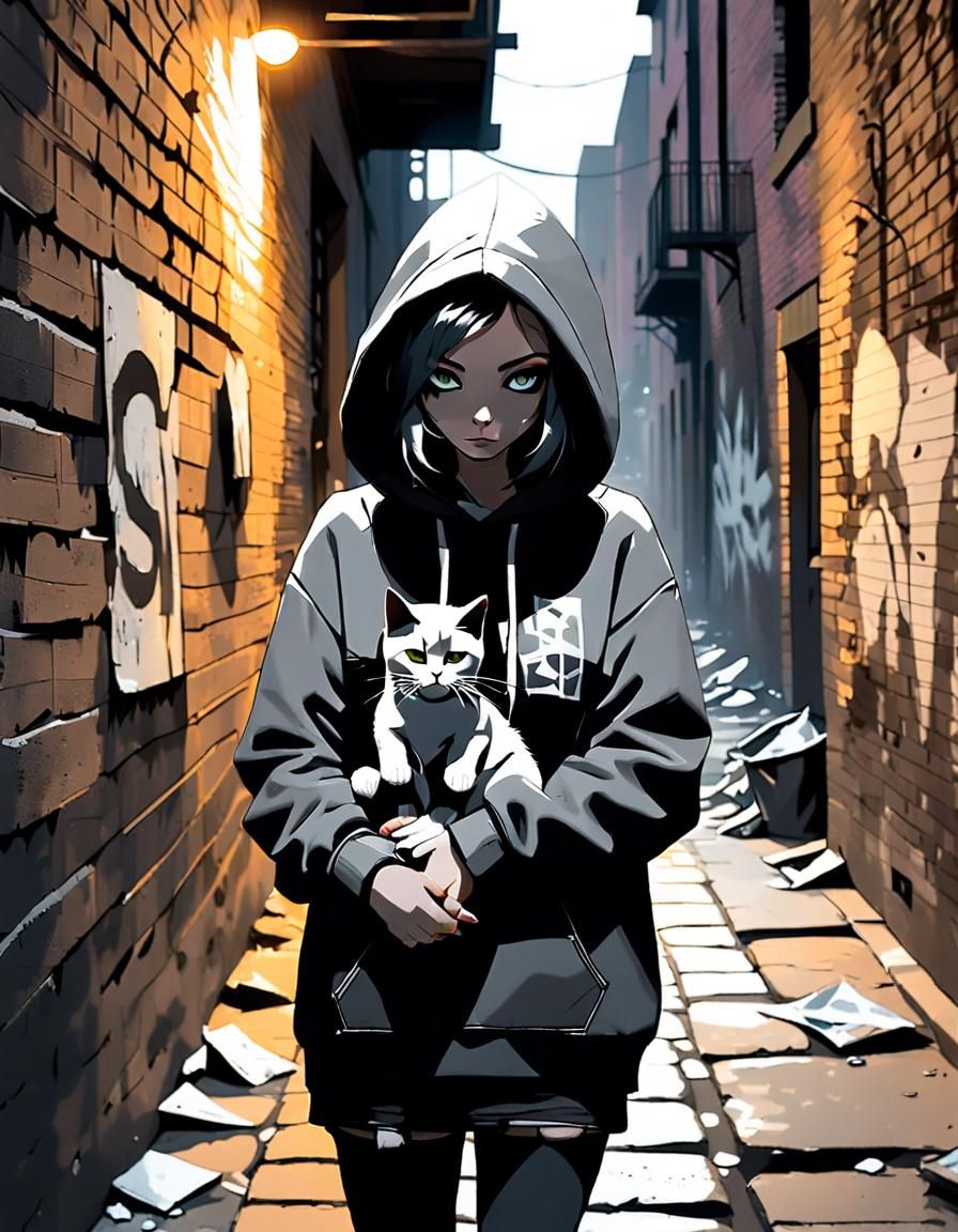 Girl with Cat in Gritty Urban Street Art Style