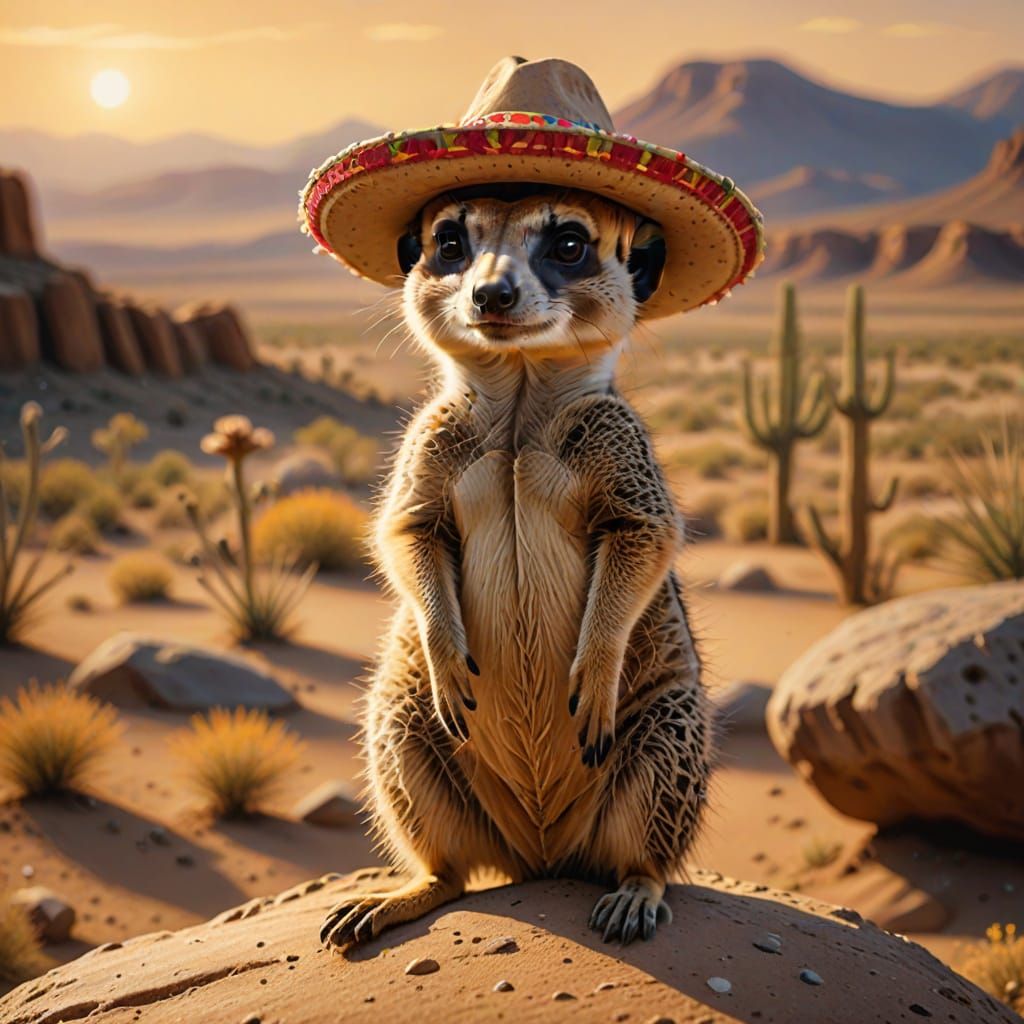 Meerkat with Sombrero in Desert Landscape