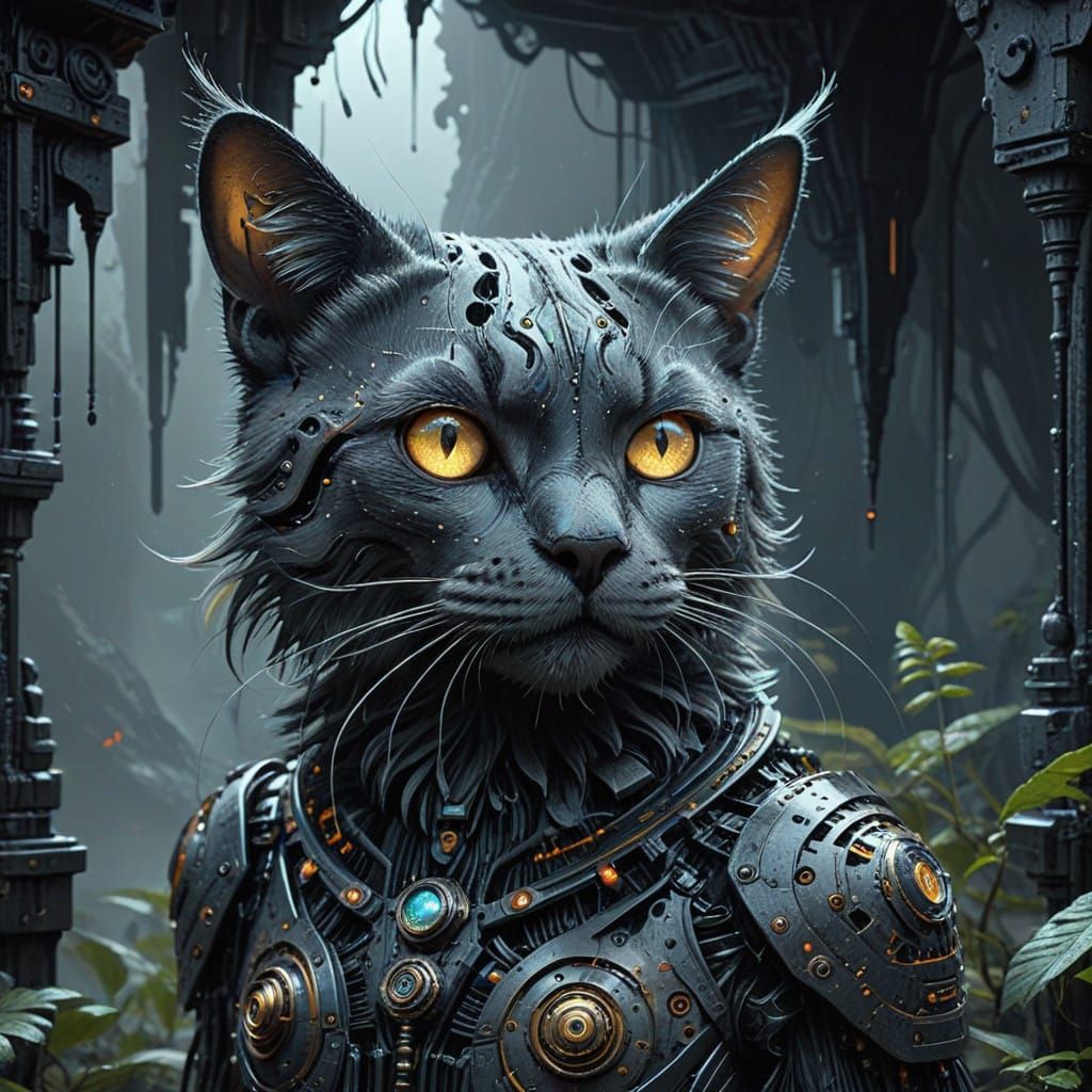 Intricate Clockwork Feline in Dripping Ink and Watercolor