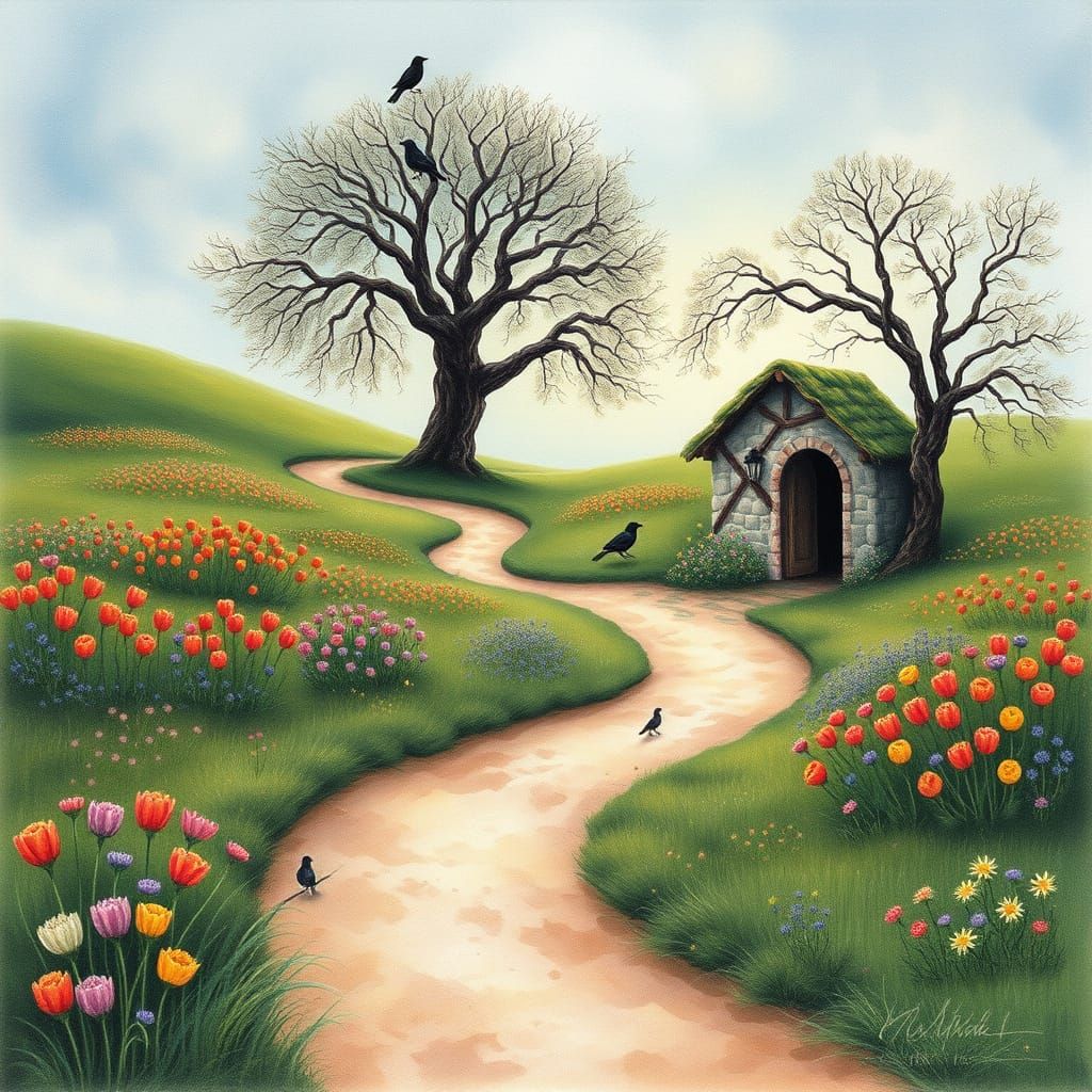 Poppy Field Path to Castle in Watercolor Style
