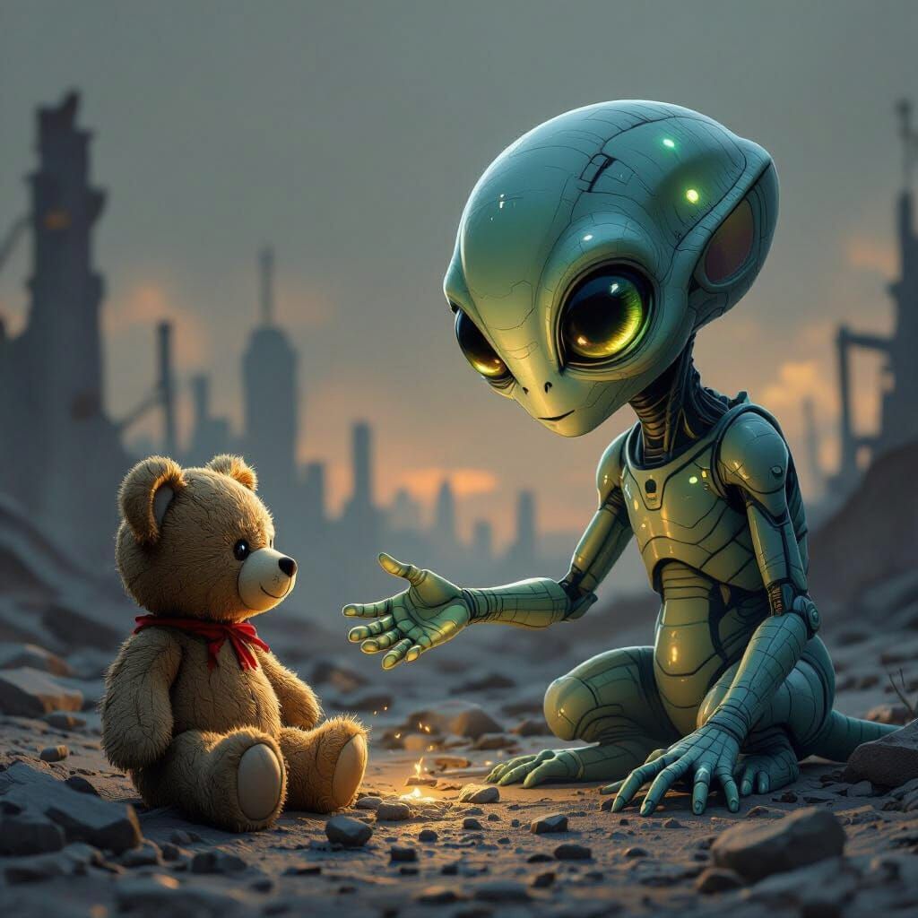 Alien Meets Toy Bear Post-Apocalypse