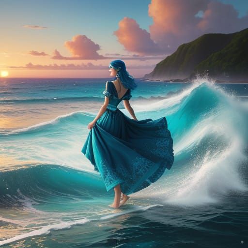 Woman in Electric Blue Gown on Turquoise Beach at Sunset