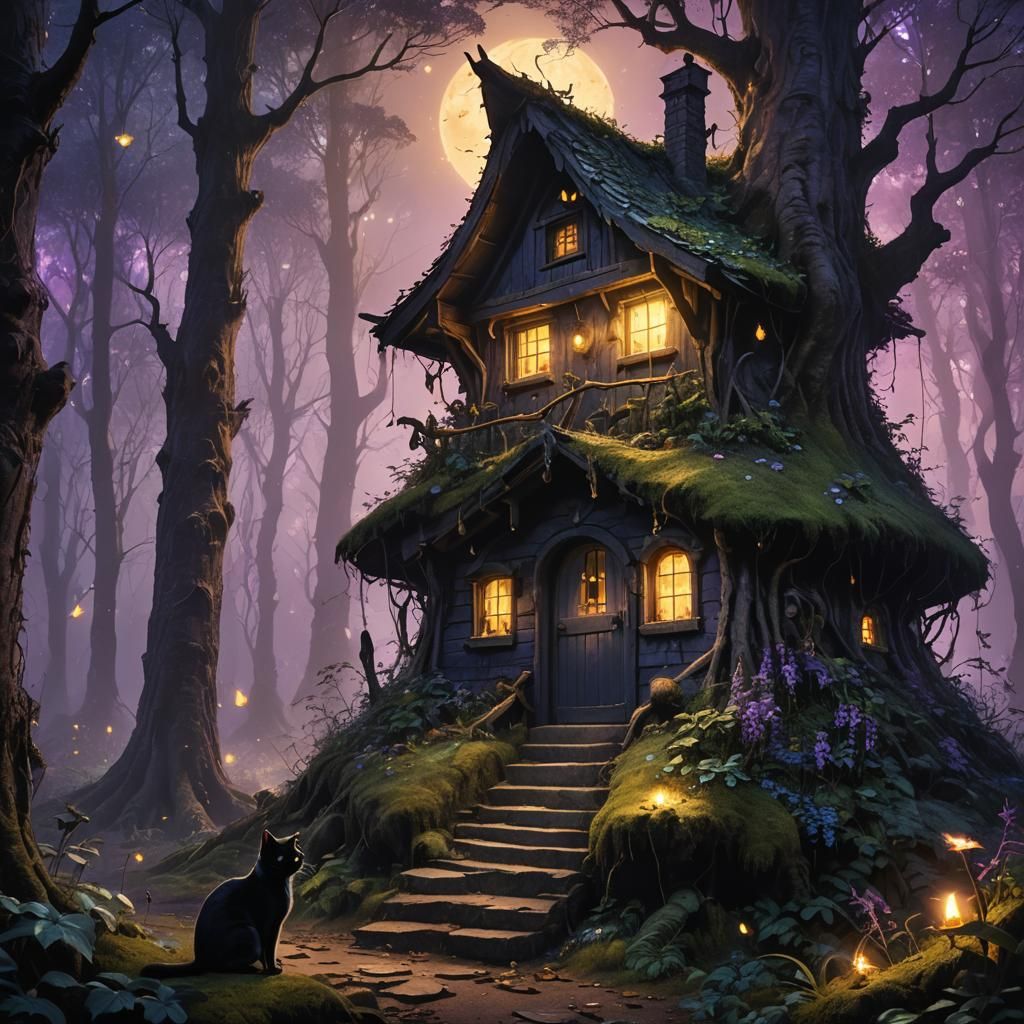 Enchanted Forest Witch's Hut with Black Cat