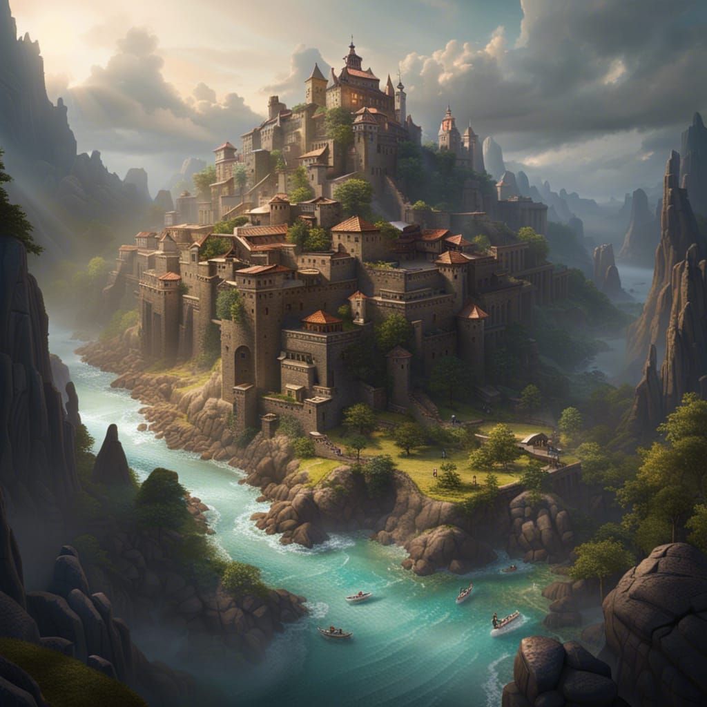 Epic River City in Dark Fantasy Style