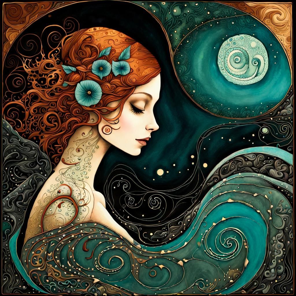 Abstract Woman Portrait in Bioluminescent Textile Art Style