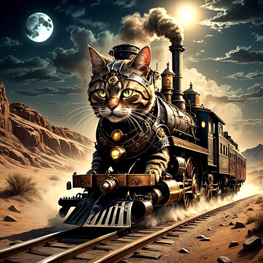 Steampunk Train Driven by Cat in Moonlight