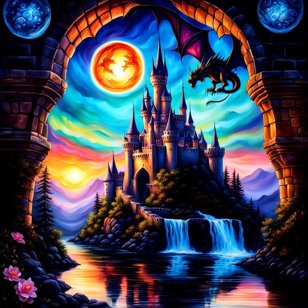 Dragon Over Fairytale Castle with Glowing Orb