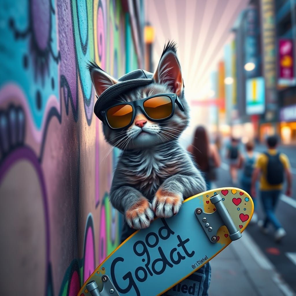 Cool Angora Kitten with Skateboard in 3D Render