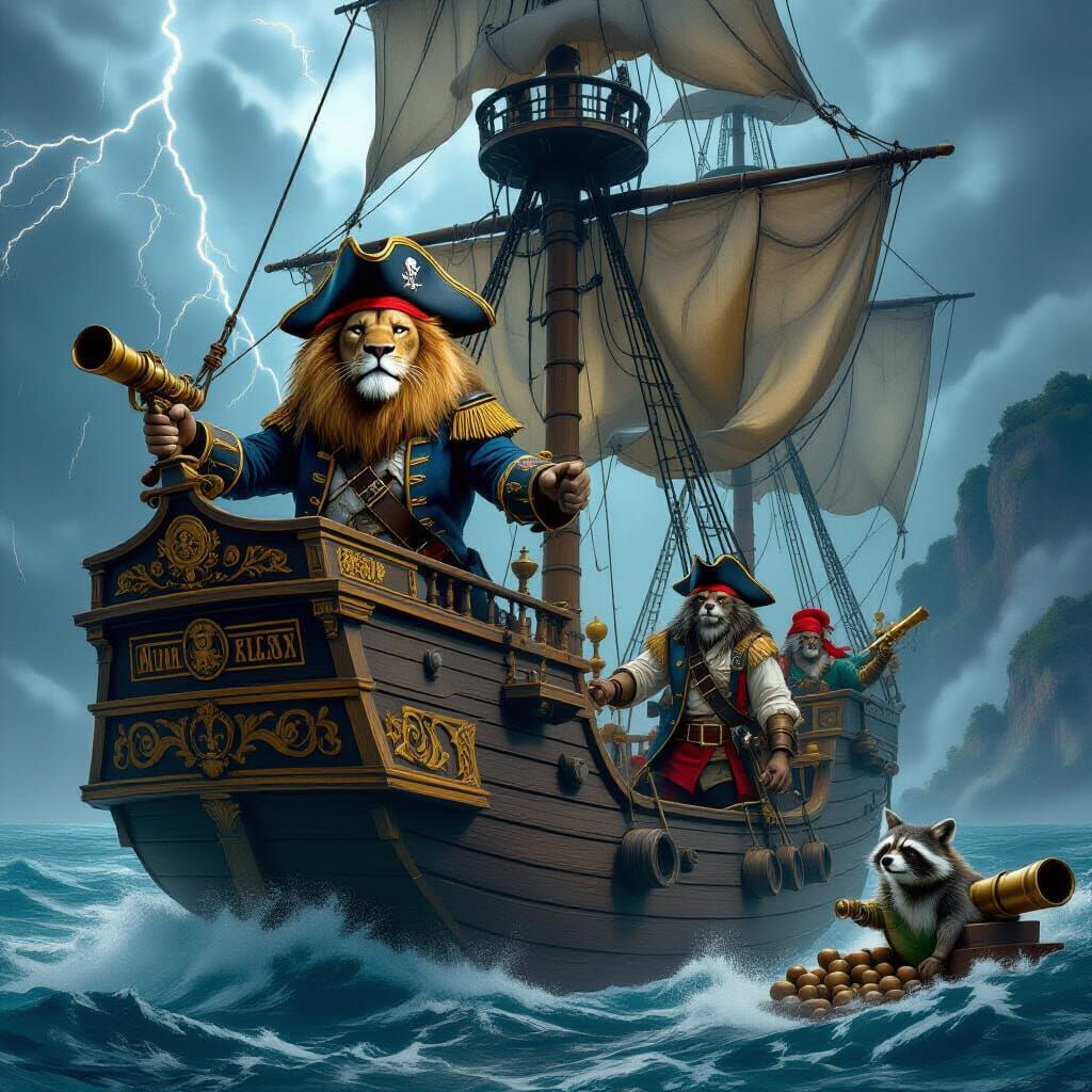 Animal Pirates Sailing Stormy Seas in Fantasy Realism
