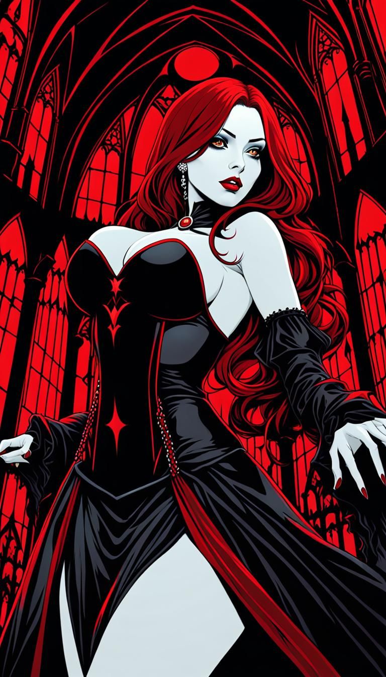 Redhead Vampire in Gothic Castle, Dark Fantasy Art