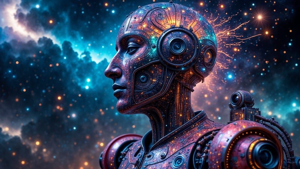 R2D2 Double Exposure in Cyberpunk Style