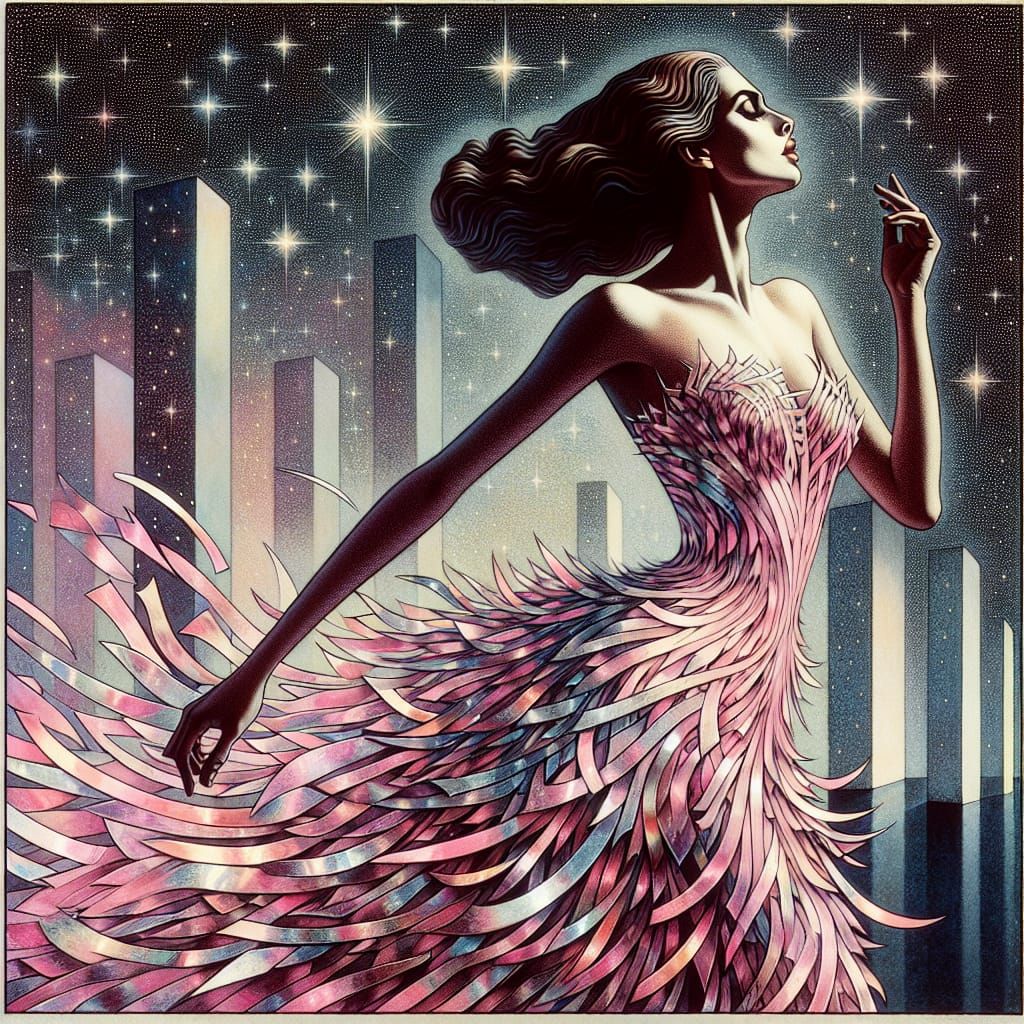 Une belle femme de profil danse sous un ciel étoilé, vêtue d...