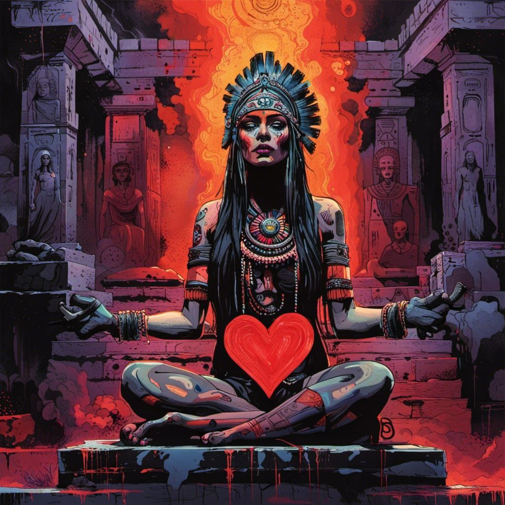 Aztec Priestess with Heart in Black Light Art