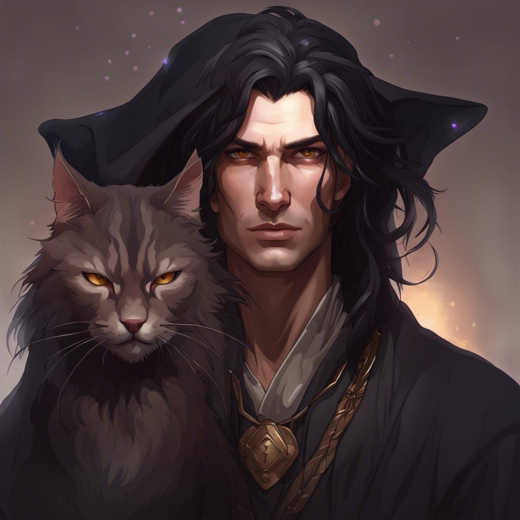 Detailed Portrait of a Male Witch with Black Cat