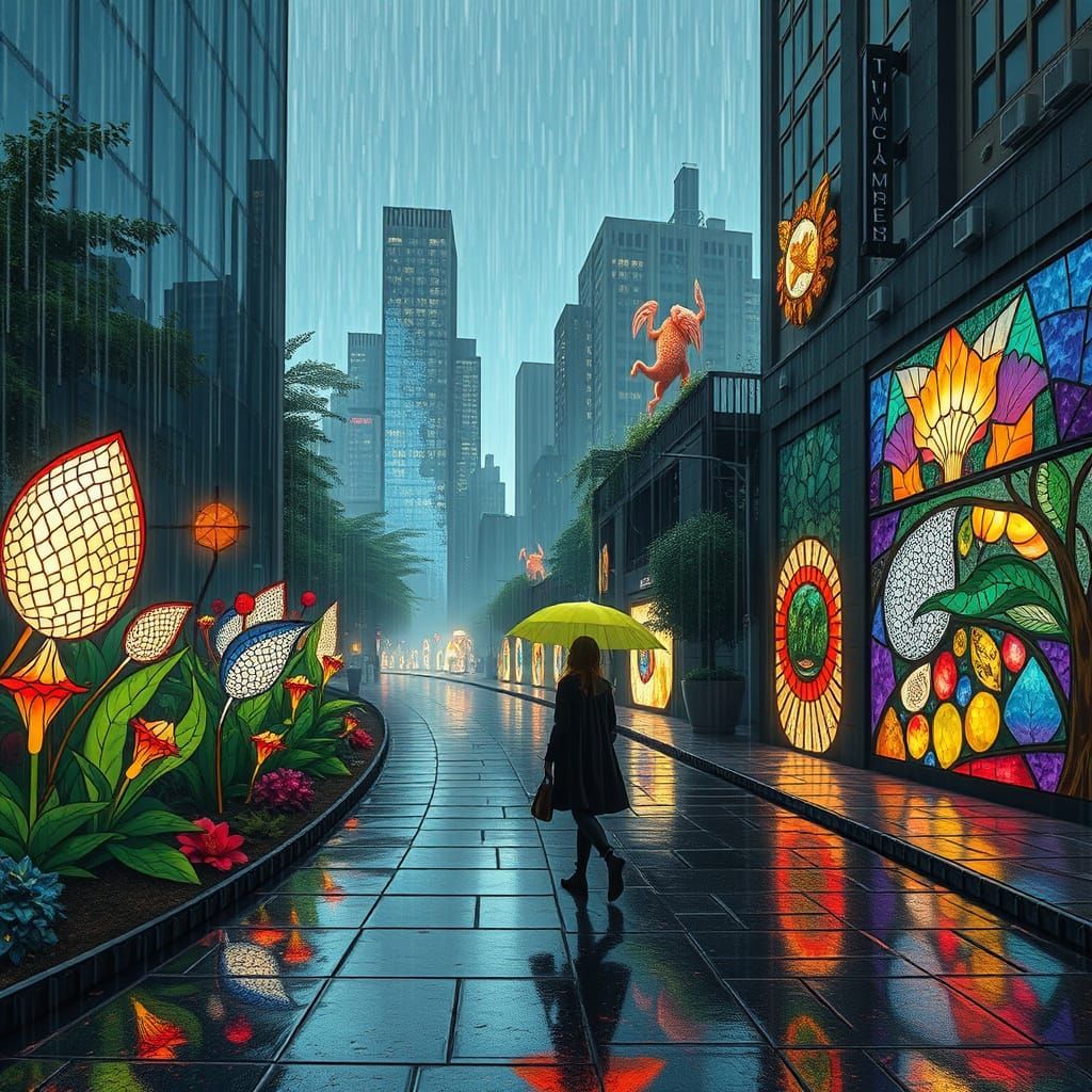 Surreal Stained Glass Garden with Mythical Creatures