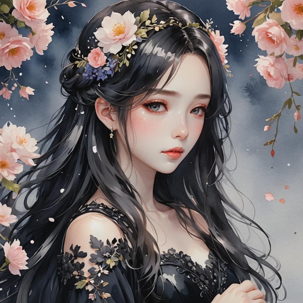 Bride in Black: Detailed 3D Anime Watercolor