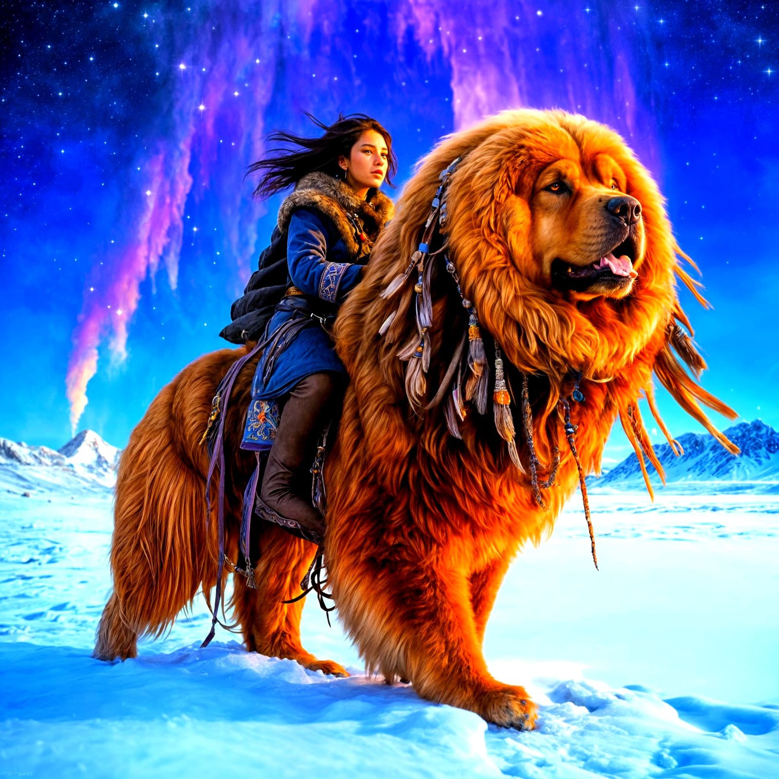 Tibetan Mastiff Rider Beneath Aurora Borealis
