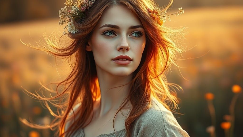 Ethereal Woman with Wildflowers in Painterly Style