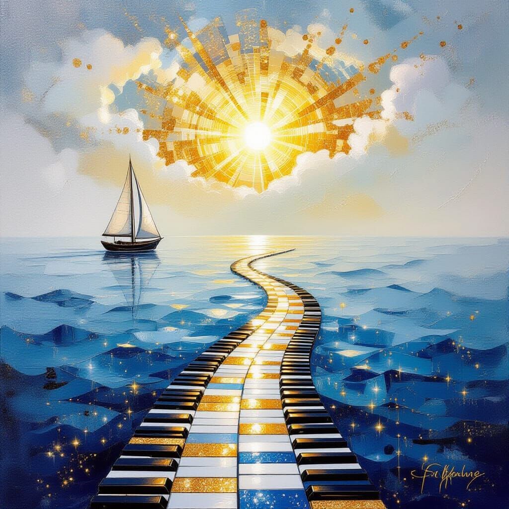 Surreal Seascape with Piano Key Path in Sfumato