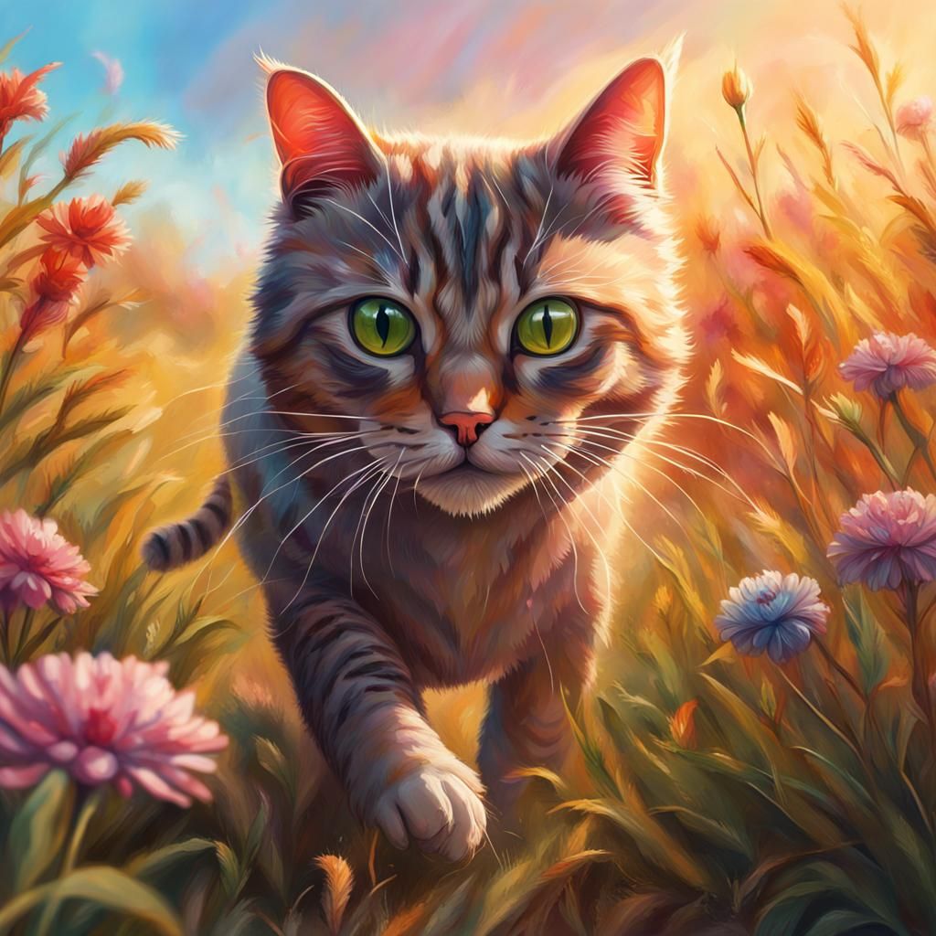 Cat with Flower Walking in Field: Hyperrealistic Art
