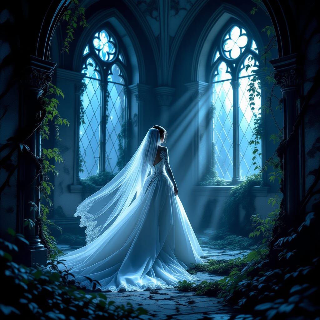 Phantom Bride Haunts Gothic Ballroom Ruins in Dark Fantasy S...