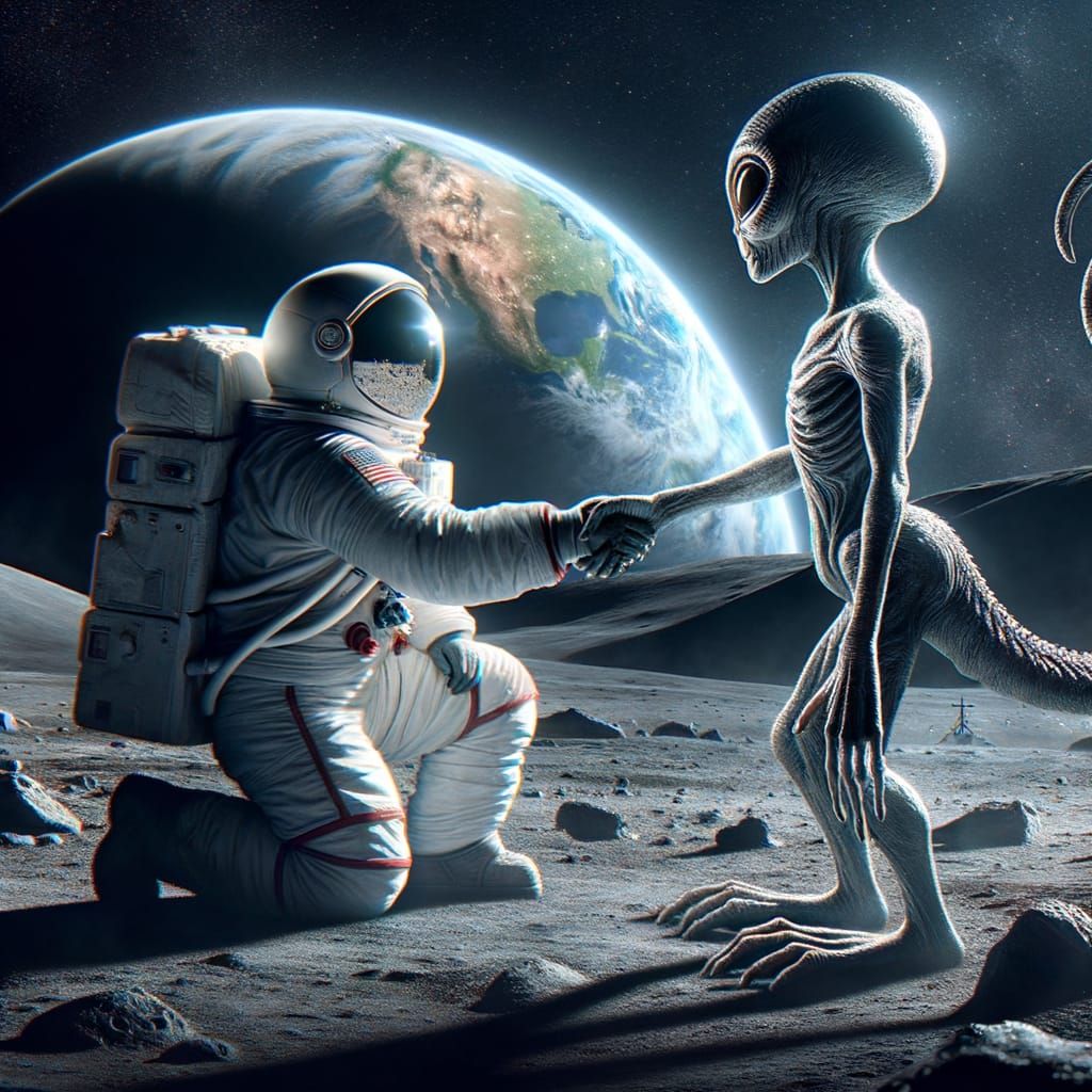 Historic Lunar Encounter: Astronaut and Alien Handshake