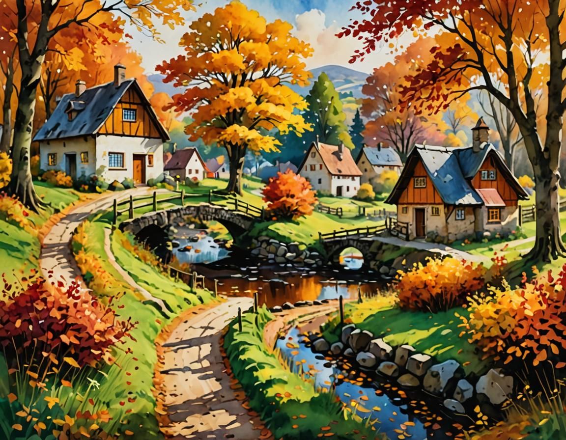Autumn Path to Enchanting Village: Watercolor Illustration