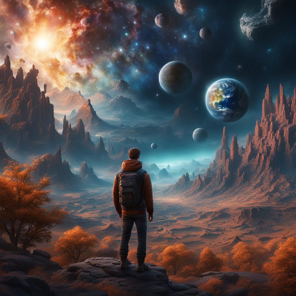 Man Contemplates Cosmic Vastness in a Fantastical Realm