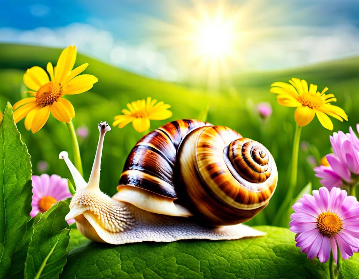 Cute Snail in a Sunny Flower Landscape