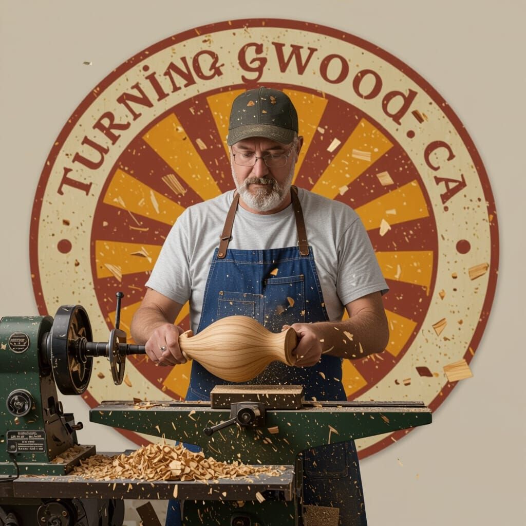 Woodturner at Lathe with Crest in Digital Painting Style