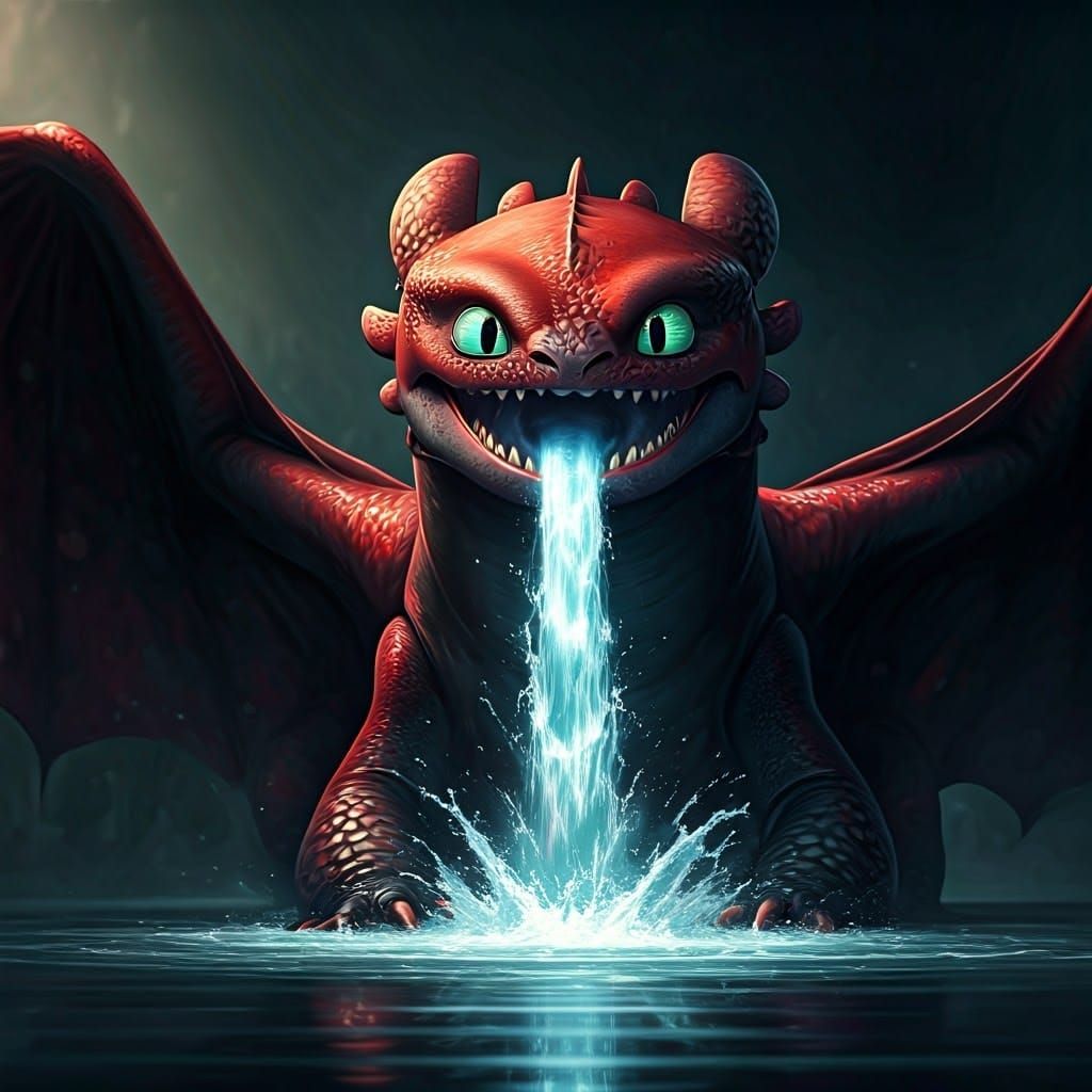 Red Night Fury Dragon Spitting Water: Detailed Matte Paintin...