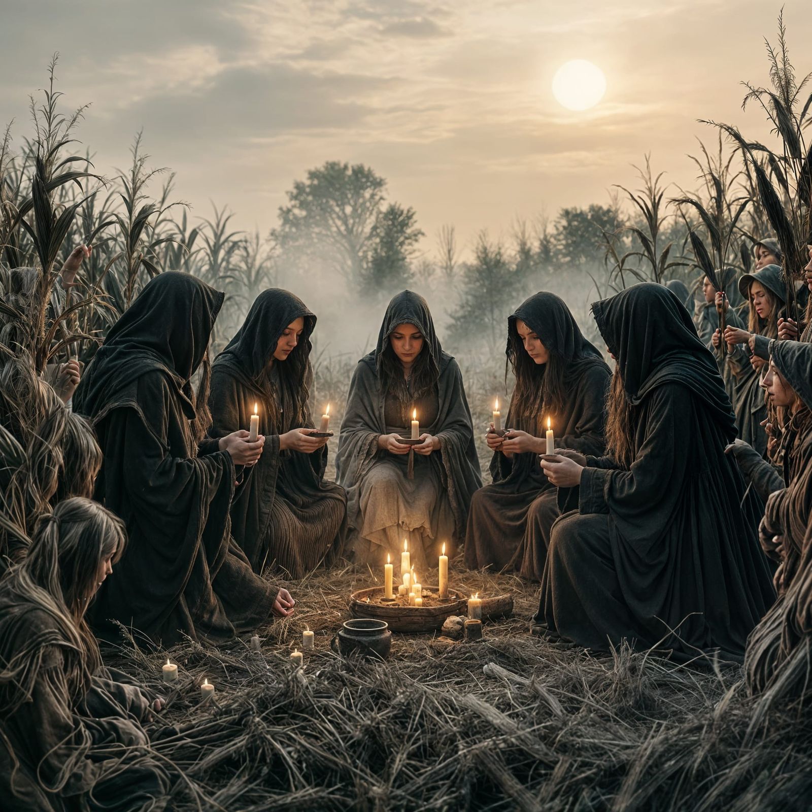 Witches Ritual in Sepia-Toned Cornfield at Dusk